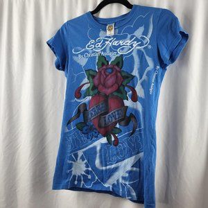Sz S, 2000s blue Don Ed Hardy by Christian Audigier women's short-sleeved tee